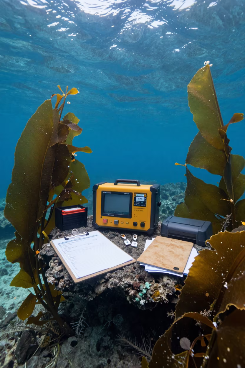 Intermodal Chassis Tester in Fijian Kelp in through kelp fronds beside a rocky shelf in Fiji