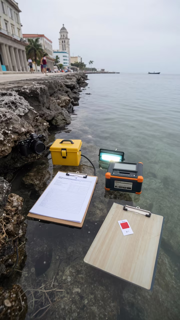 Intermodal Chassis Tester Underwater in Havana in beside a tide-cut rock ledge under clear water in Malecon, Havana