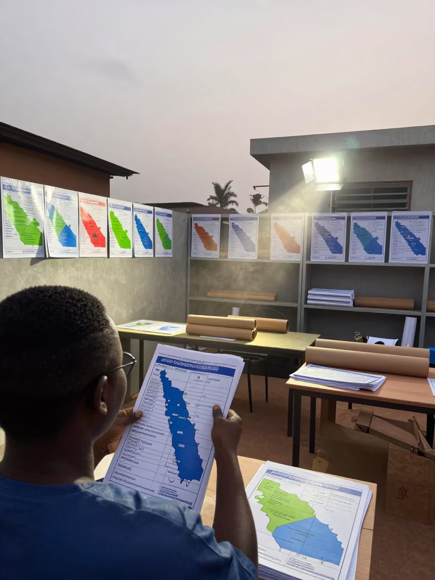 Intern Sorting Election Poster Rolls in Ilorin Office in inside a campaign office in Ilorin