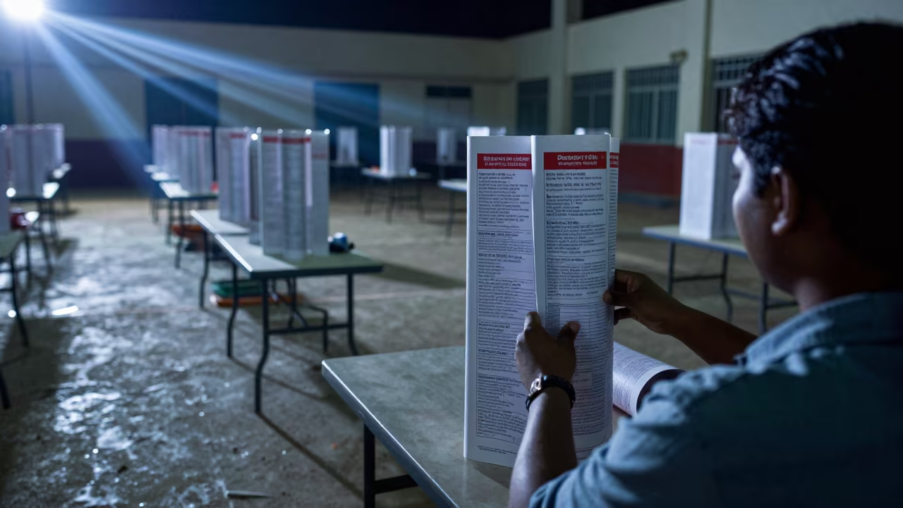 Intern Sorting Election Posters Night in inside a polling station gymnasium near Bangalore