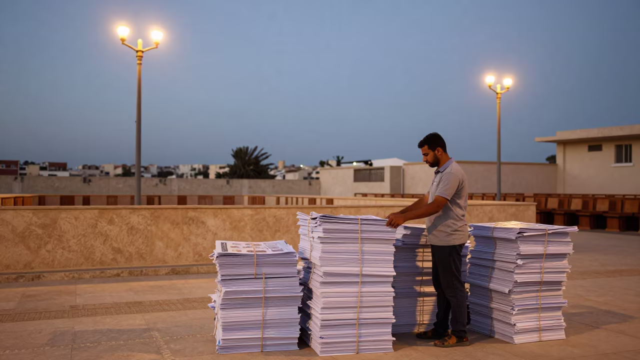 Intern Stacking Poster Bundles in Council Chamber in inside a council chamber near Marsa Matruh