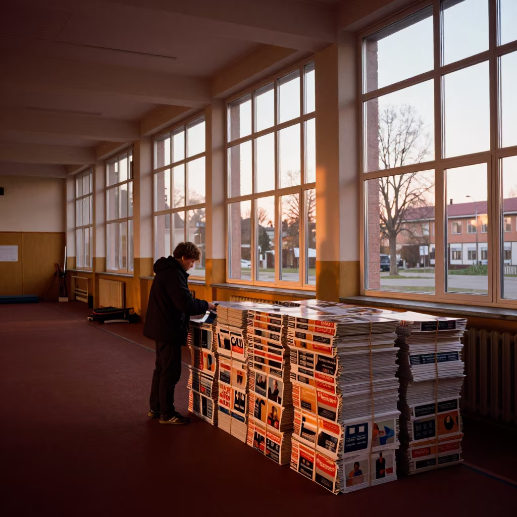 Intern Stacks Election Posters in Vantaa Gymnasium in inside a polling station gymnasium in Vantaa