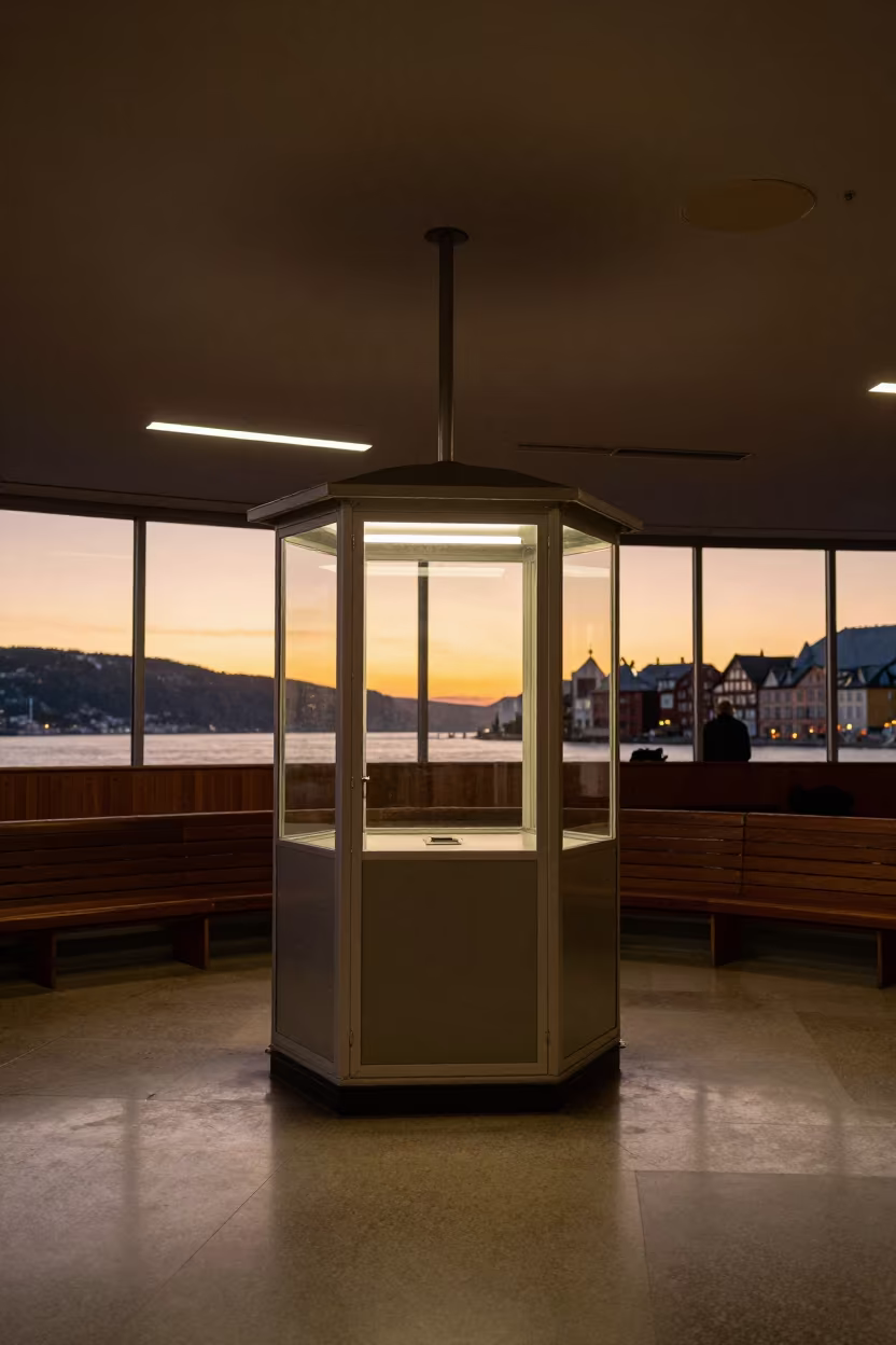 Interpreter Booth in Bergen Council Chamber in in a fluorescent town hall meeting room in Fish Market, Bergen