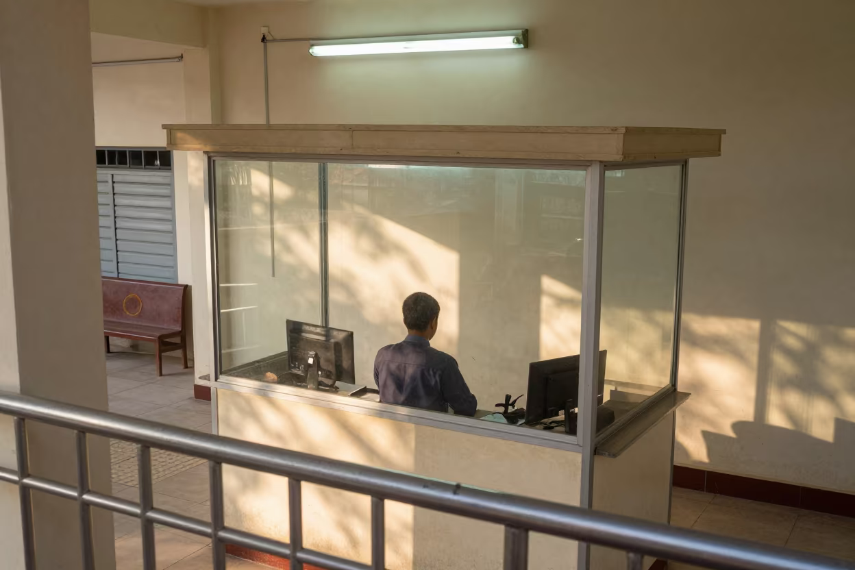 Interpreter Booth Over Hpa-An Council Chamber in in a fluorescent town hall meeting room near Hpa-An