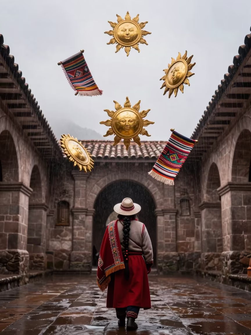 Inti Raymi Ceremony Floating Objects Cusco in in a prayer hall in Cusco