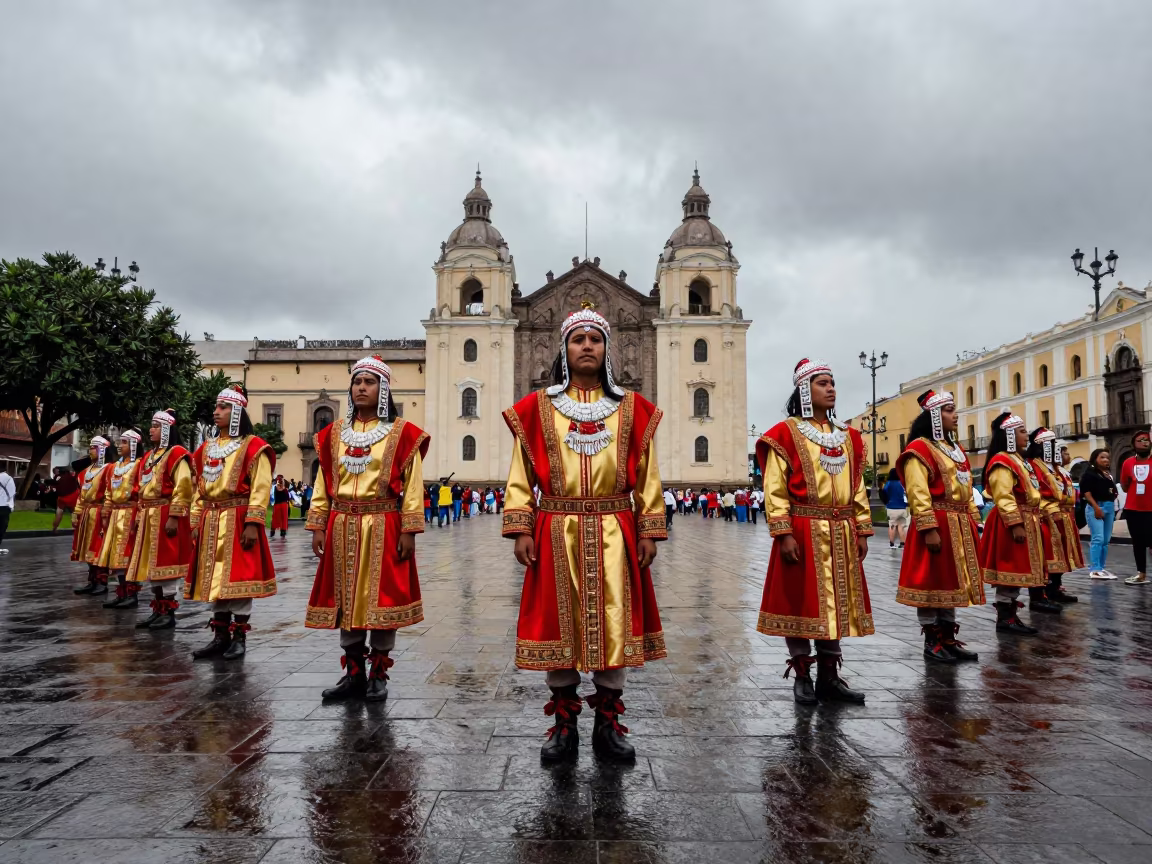 Inti Raymi Performers in Inca Regalia Lima Plaza in at a public square during a festival in Centro Historico, Lima