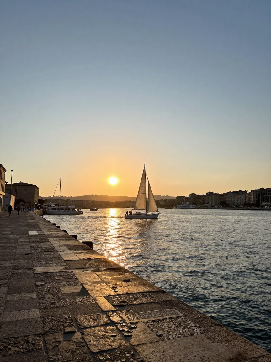 Into Headwind in Marseille at As The Sun Drops Toward The Horizon in in Marseille, France