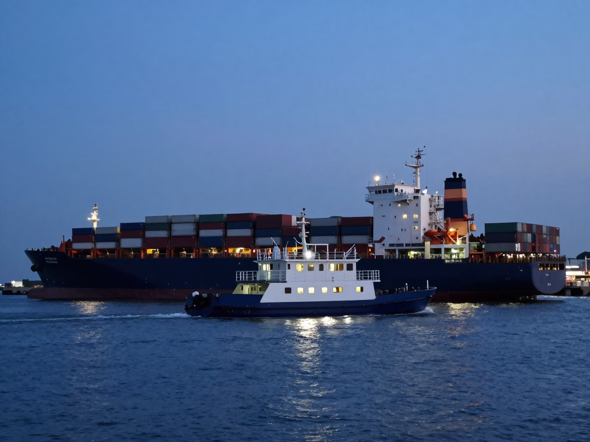 Into Port in Surabaya at Nautical Dawn Light in in Surabaya, Indonesia