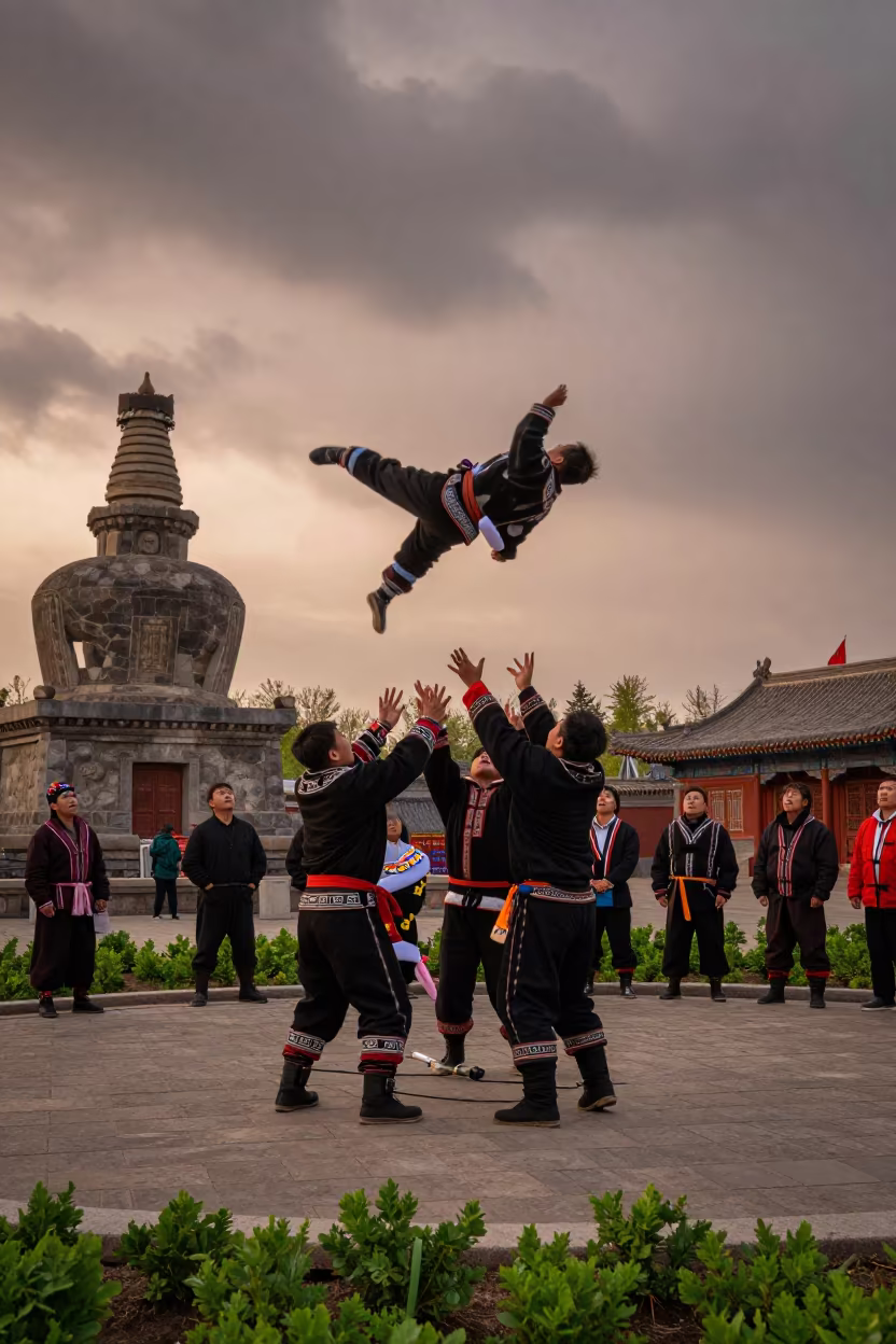 Inuit Blanket Toss Ceremony in Xian Temple Courtyard in in a temple courtyard in Xian