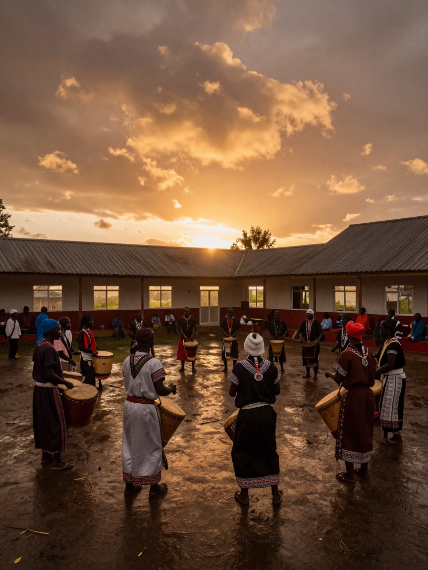 Inuit Drum Dance in Douala Hall at Sunset in in a prayer hall in Douala