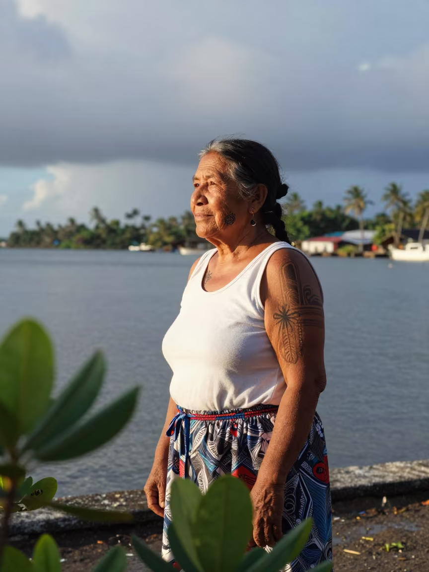 Inuit Elder Chin Tattoo Harbor Portrait in at a harbor edge in Cumaná