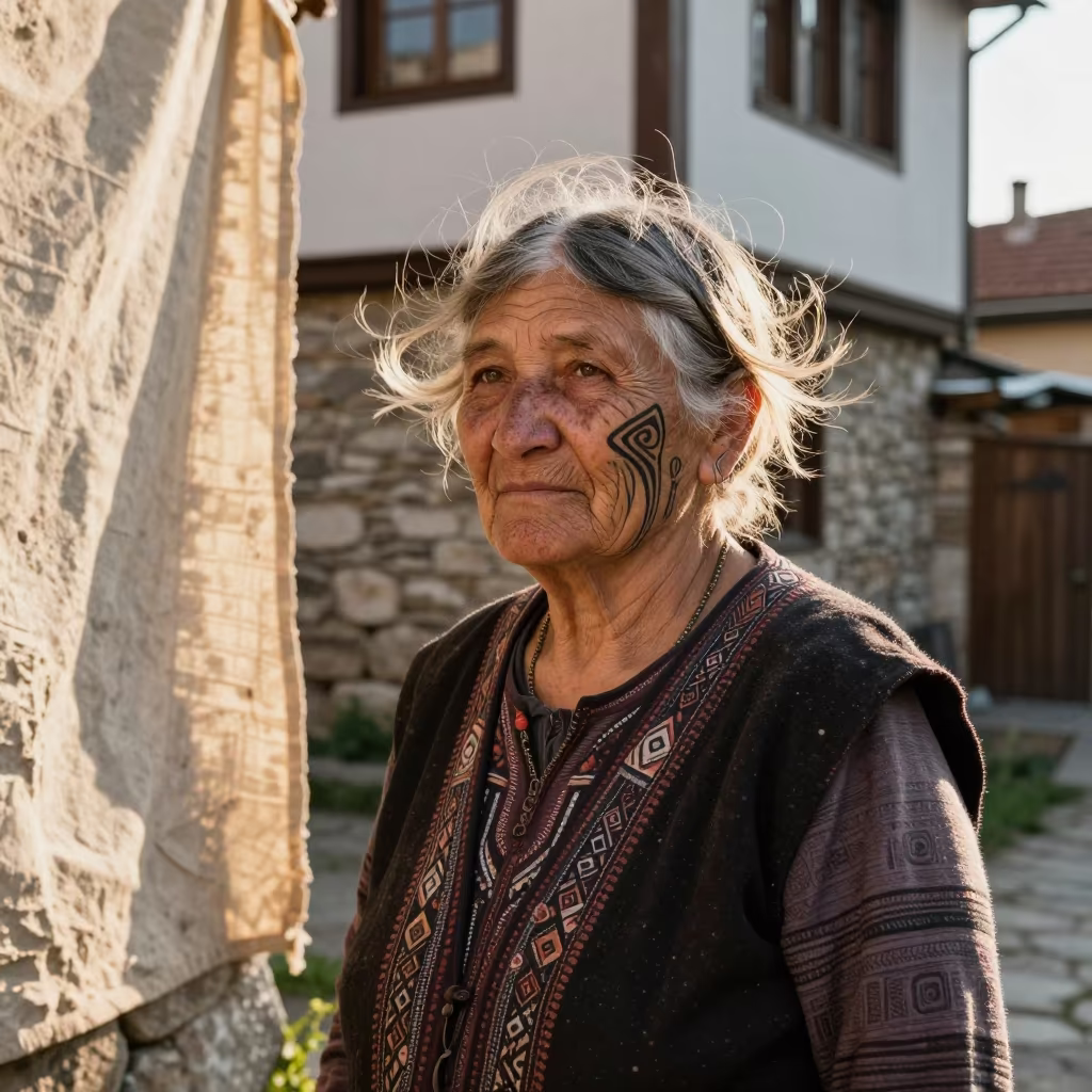 Inuit Elder Chin Tattoo in Plovdiv Low Sun in in Plovdiv