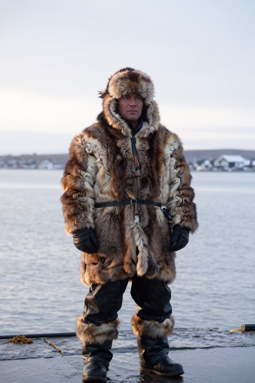 Inuit Hunter in Fur Parka at Juba Harbor Quay in at a harbor quay near Juba