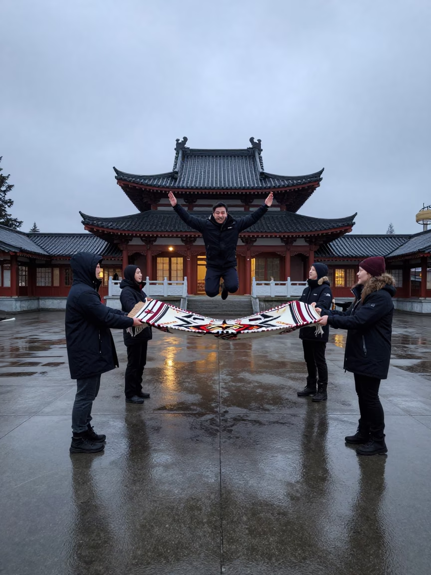 Inuit Nalukataq Blanket Toss Ceremony Vancouver in in a temple courtyard near Strathcona, Vancouver