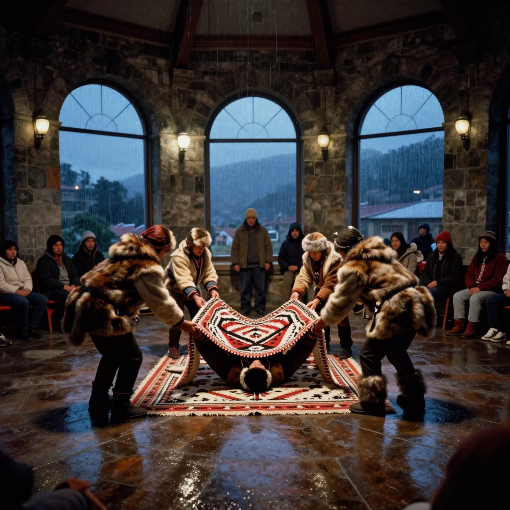 Inuit Nalukataq Ceremony in Bogota Prayer Hall in in a prayer hall in Bogota