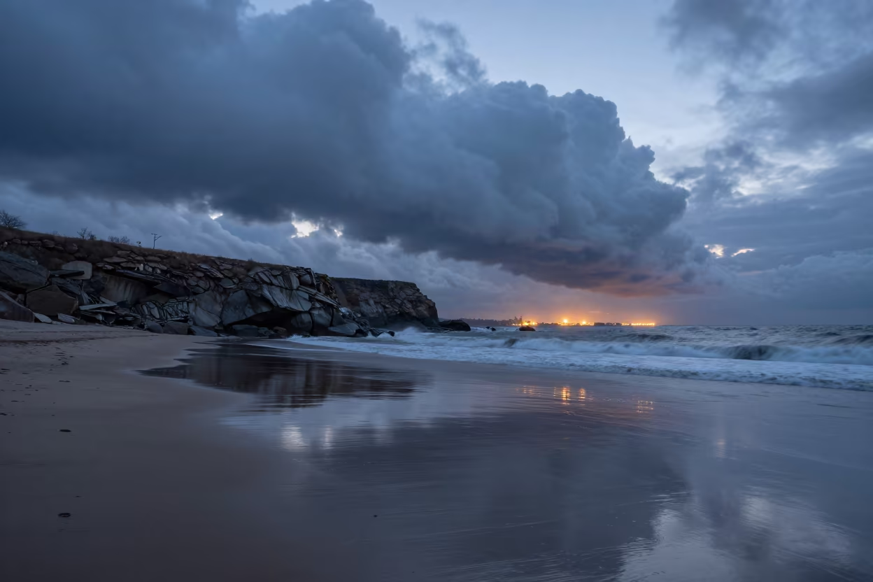 Inverted Cloud Waterfall Over Almaty Shoreline in along a wave-cut shoreline near Almaty