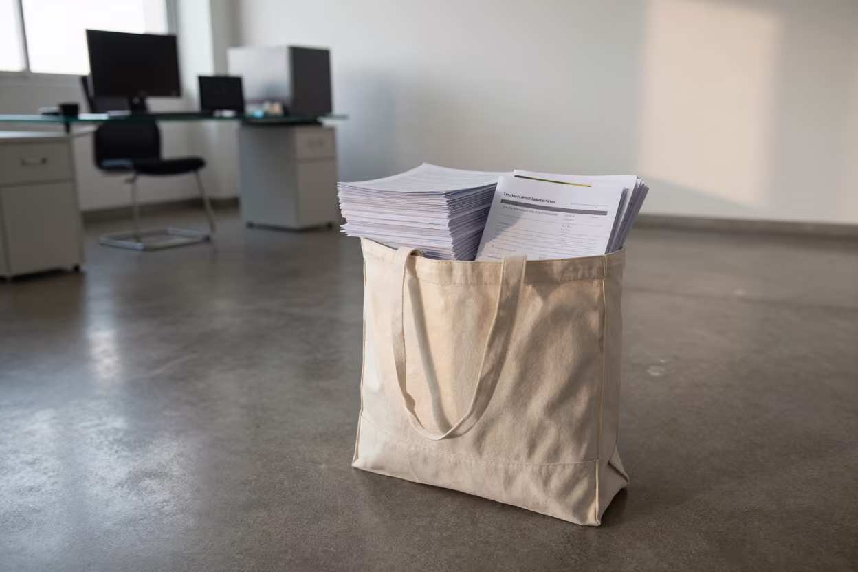 Invoice Tote on Conference Room Floor at Dawn in inside a conference room in Santos