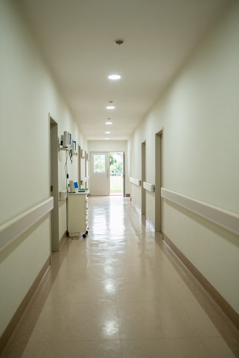 Iquitos Clinic Corridor with Muted Reflections in inside a clinic exam room in Iquitos