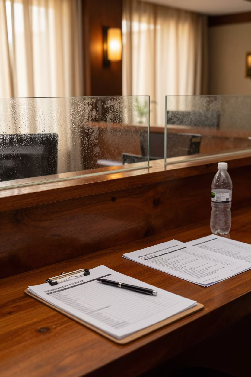Iquitos Wedding Vendor Clipboard at Reception Desk in at a reception desk under warm light near Iquitos