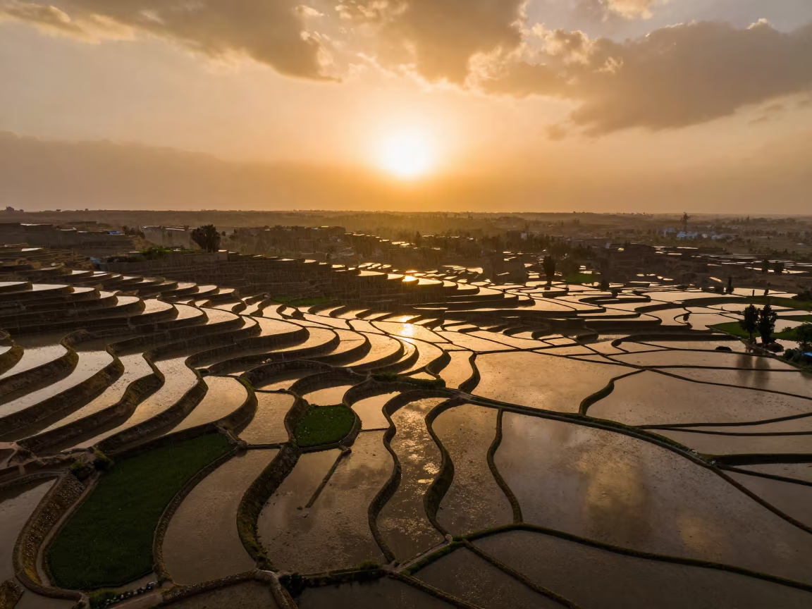 Iranian Rice Terraces Sunset Firelight Sun Shower in high above irrigation geometry in Iran