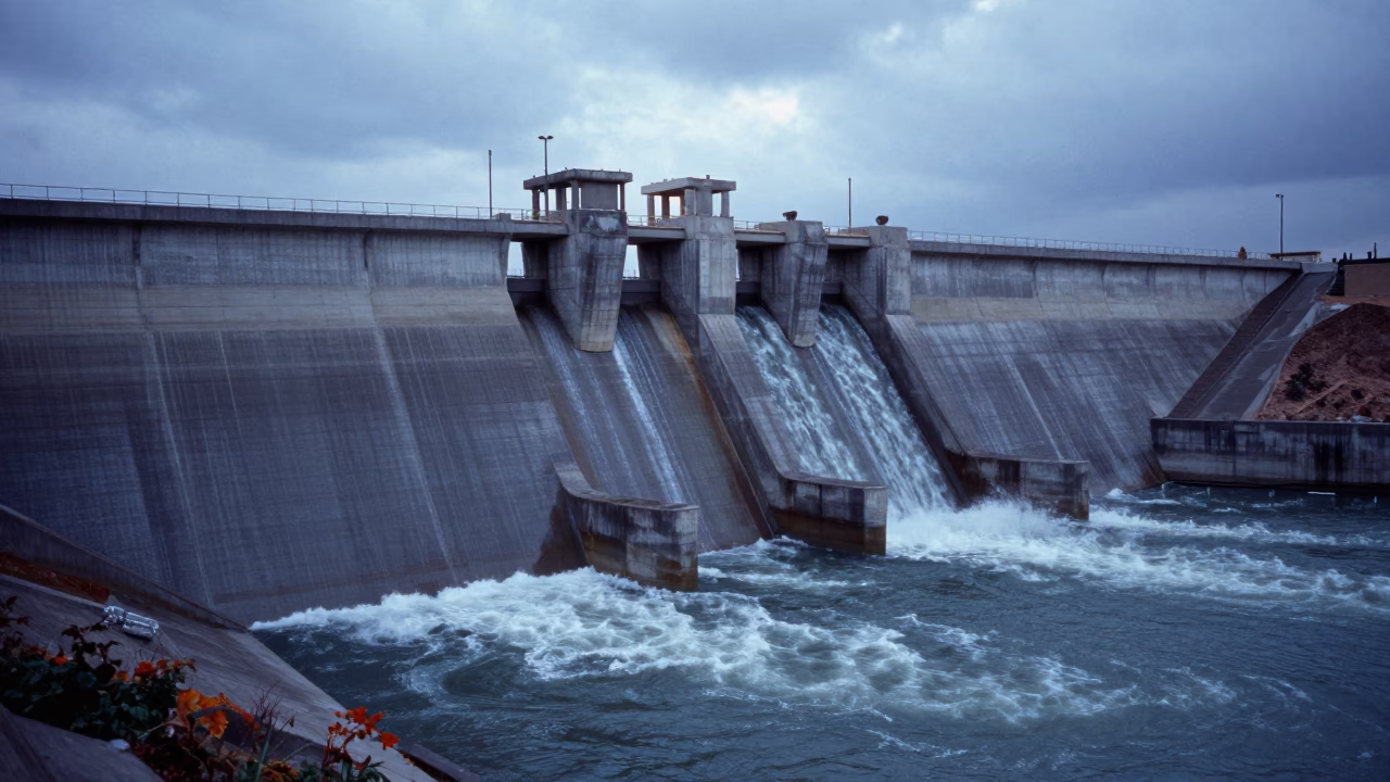 Iraqi Dam Spillway Water Flowing Blue Hour Twilight in along a dam spillway in Iraq