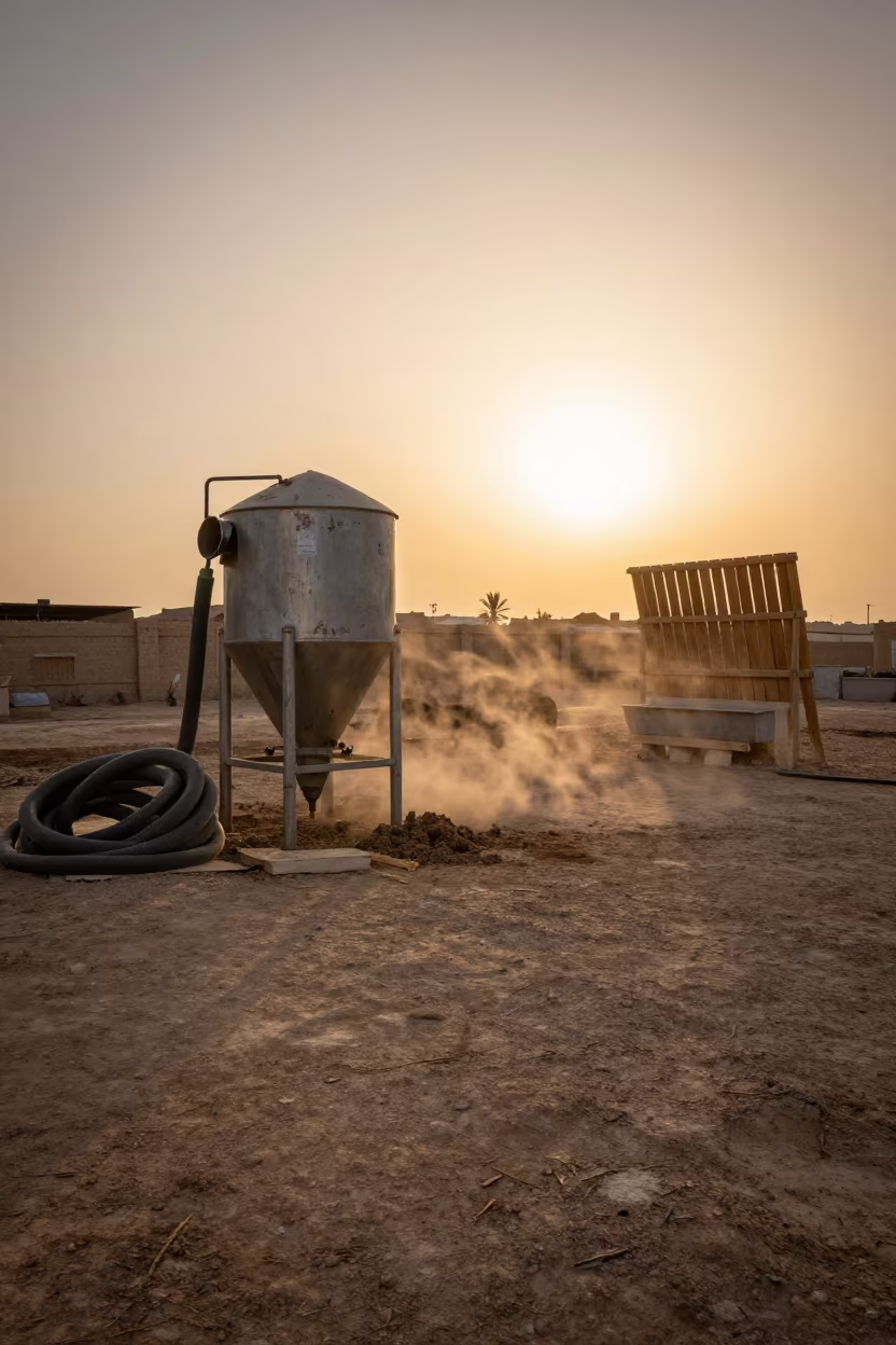 Iraqi Feed Mixer Bay in Amber Sunset Light in near a windbreak and water trough in Iraq