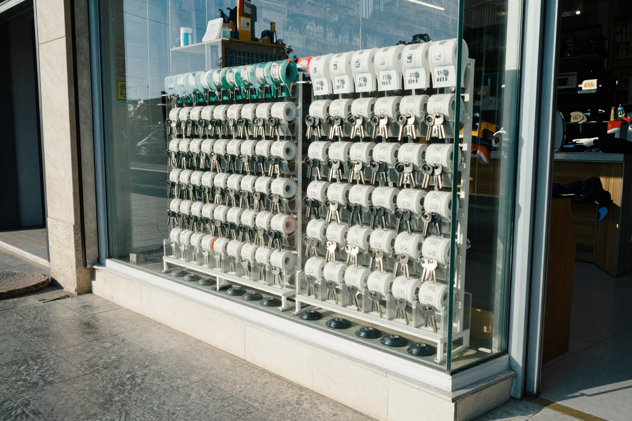 Iraqi Shop Window Clip Tray in Hard Light in outside a shop window after rain in Baghdad
