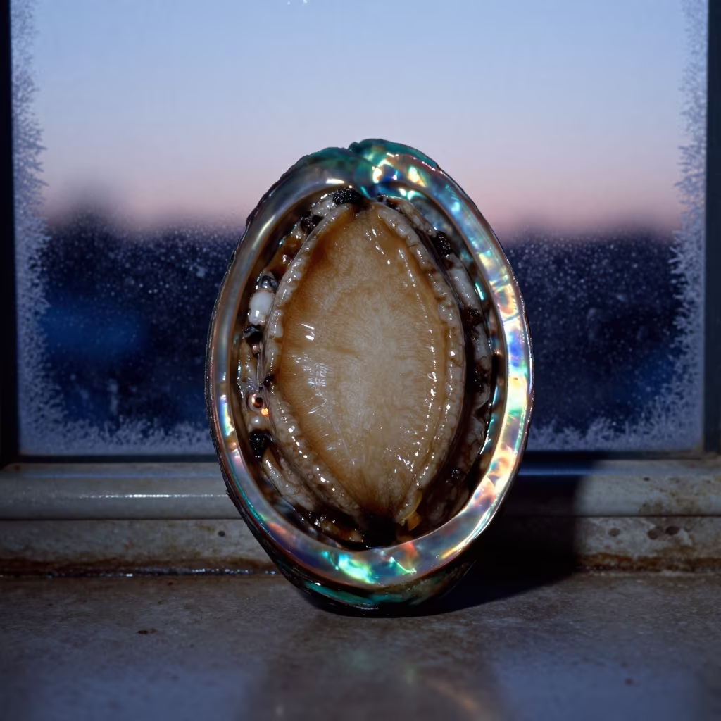 Iridescent Abalone Shell on Frosty Window Kabul in along a frost-edged windowpane near Kabul