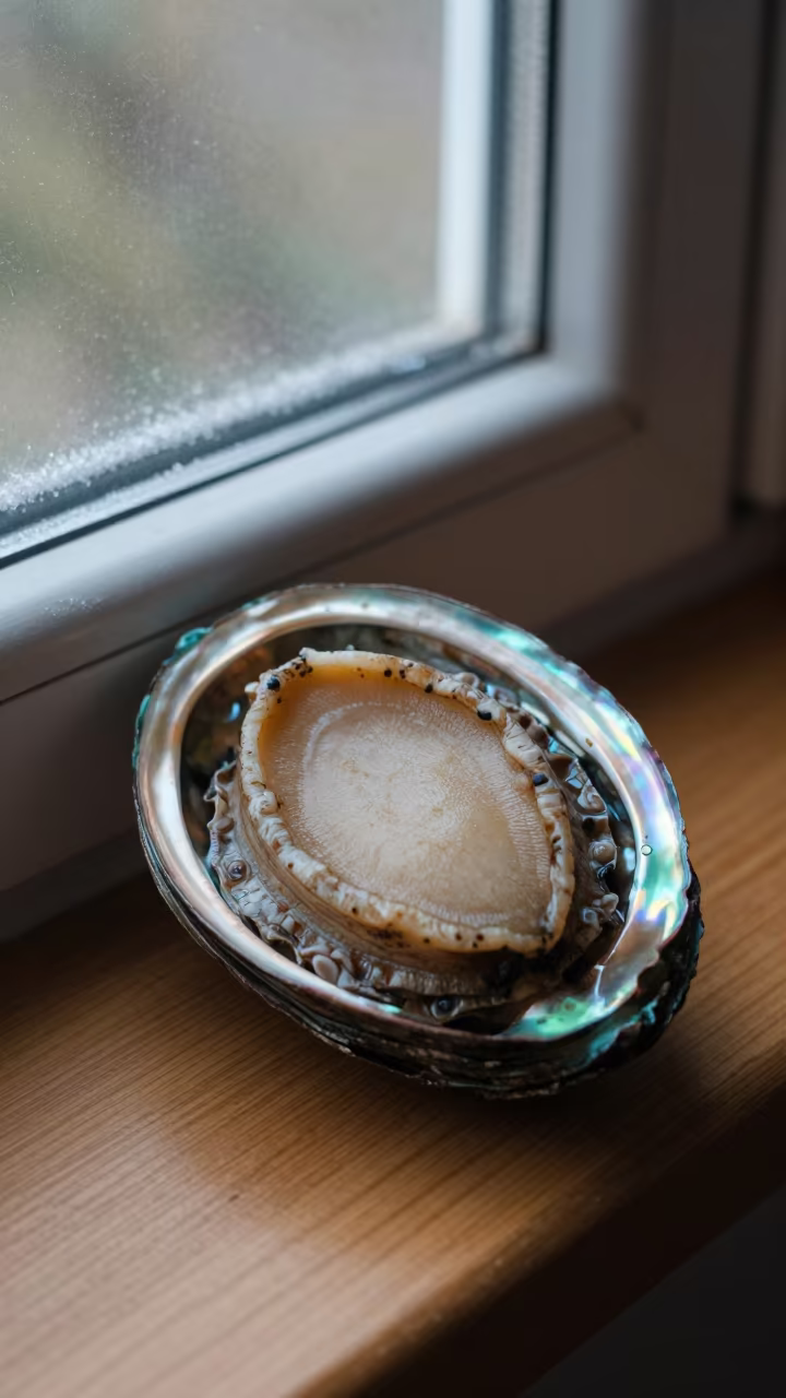 Iridescent Abalone Shell Macro in Madison Window in along a frost-edged windowpane in Madison