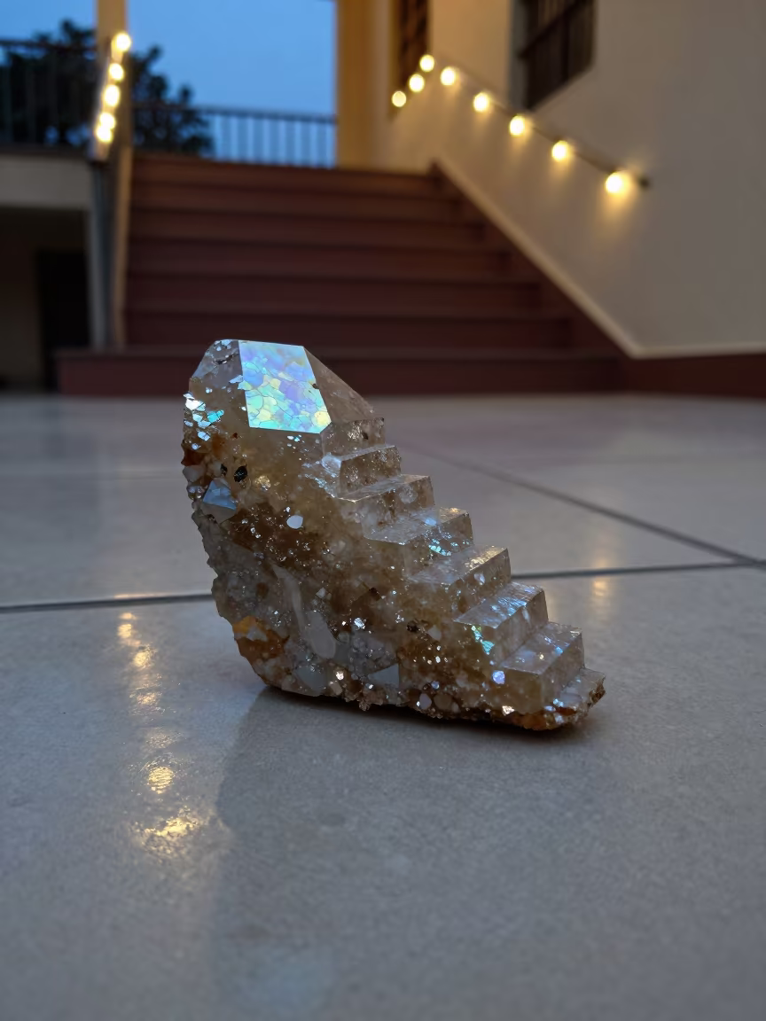Iridescent Bismuth Crystal in Kaduna Hall in inside a tiled stair hall in Kaduna