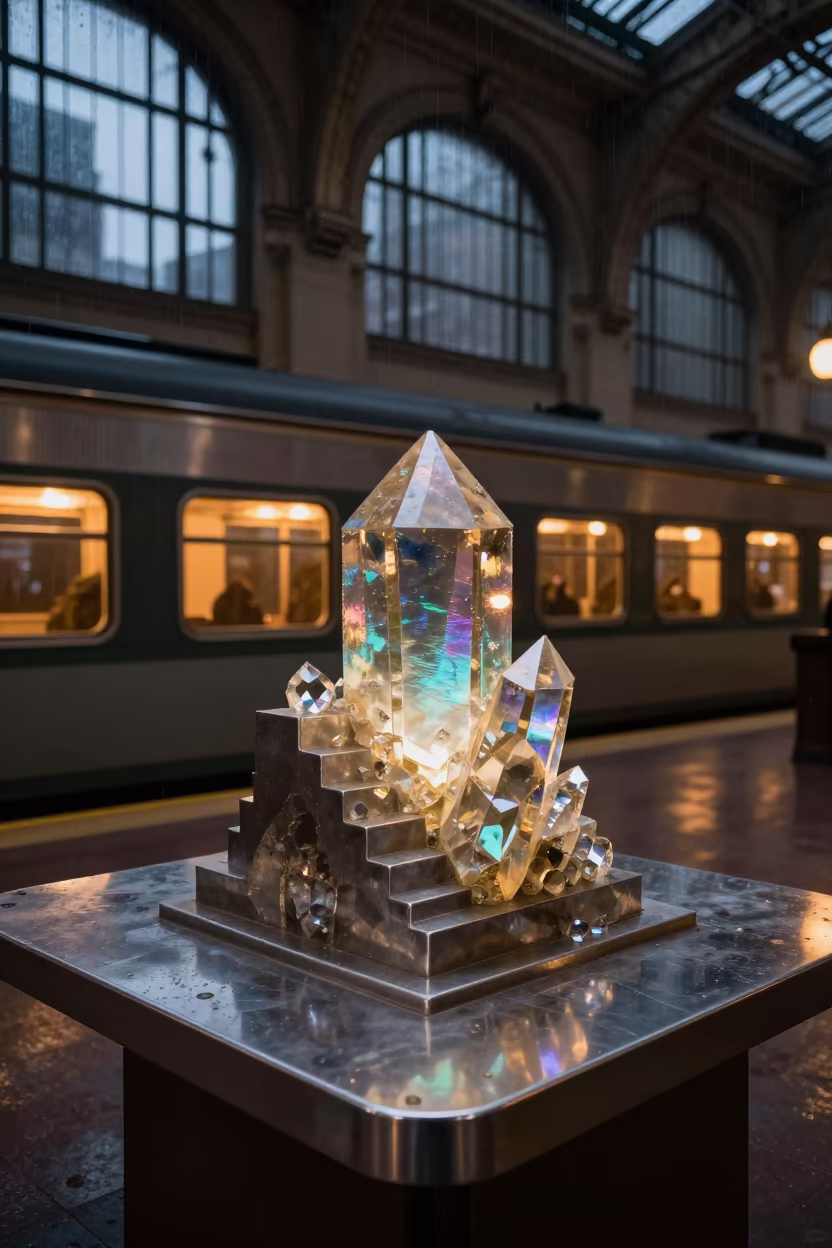 Iridescent Bismuth Crystal in Predawn Train Terminal in inside a restored train terminal near SoHo, New York
