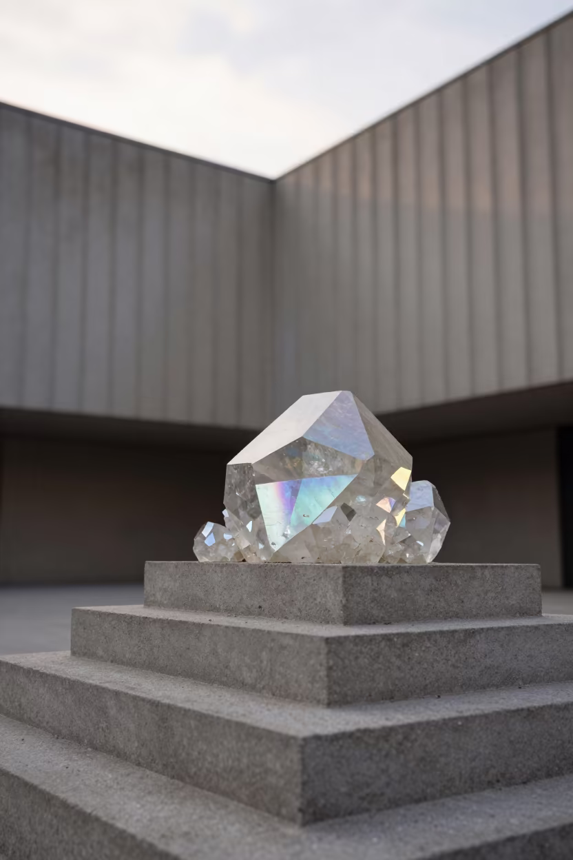 Iridescent Bismuth Crystal Staircase in Bratislava Lobby in inside a ribbed concrete lobby in Bratislava