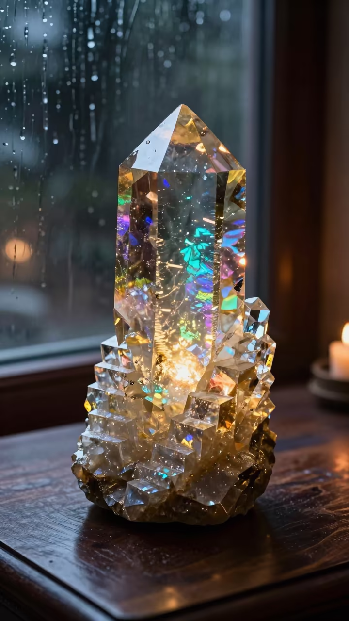Iridescent Bismuth Crystal Staircase in Candlelight in inside a skylit passageway near Nanning