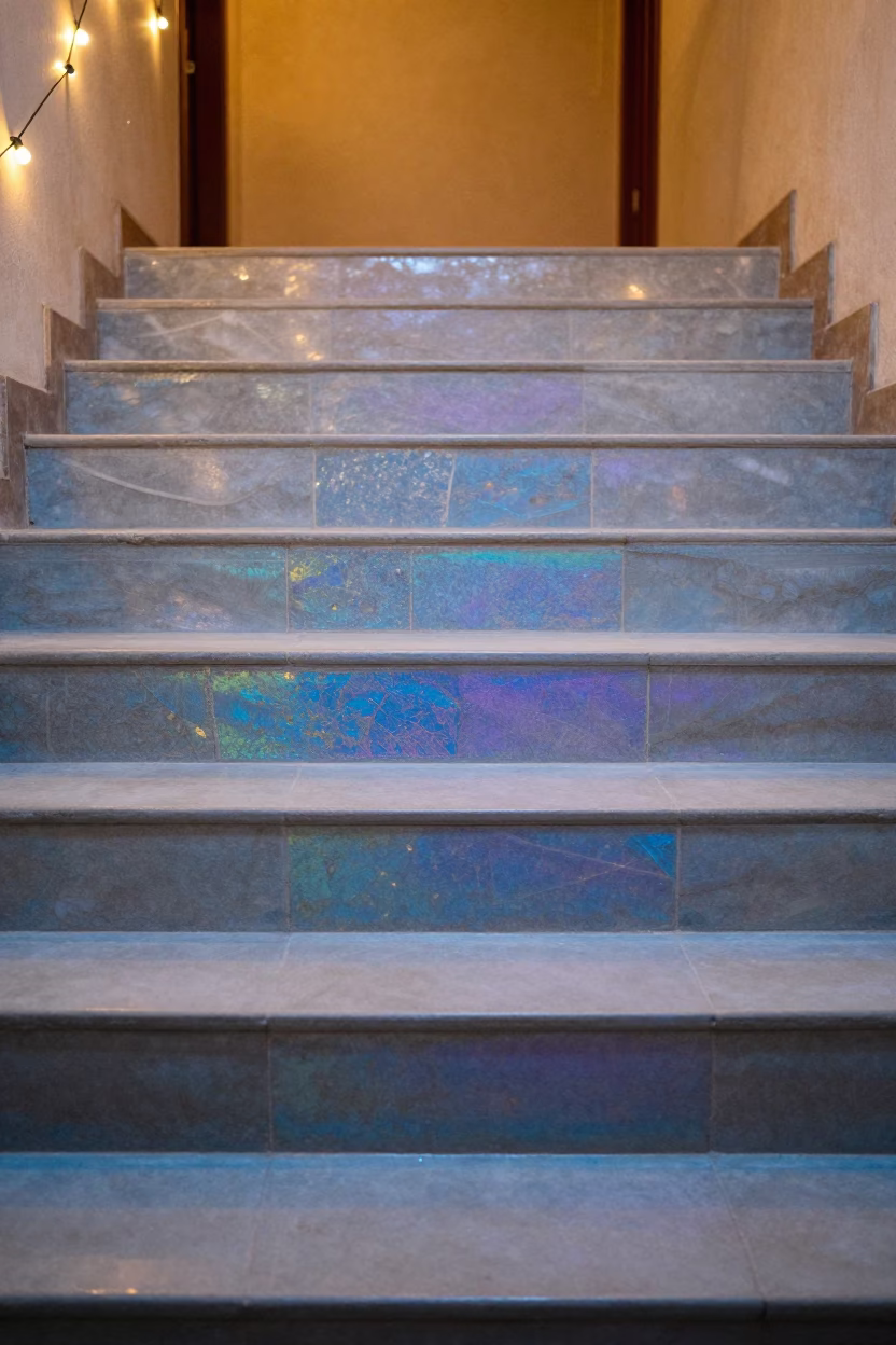 Iridescent Bismuth Crystal Staircase in Skardu Hall in inside a tiled stair hall in Skardu