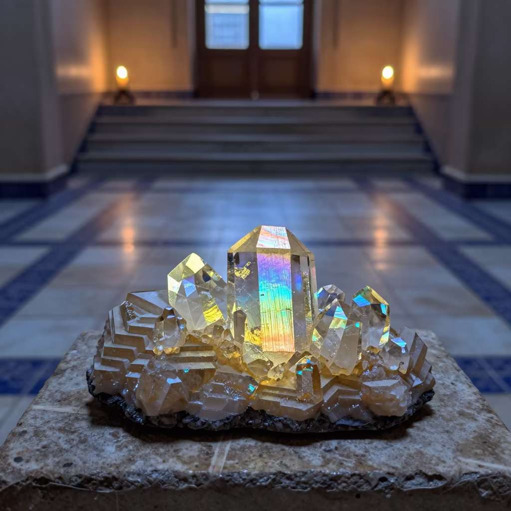 Iridescent Bismuth Crystal in Twisted Stair Hall in inside a tiled stair hall in Russeifa