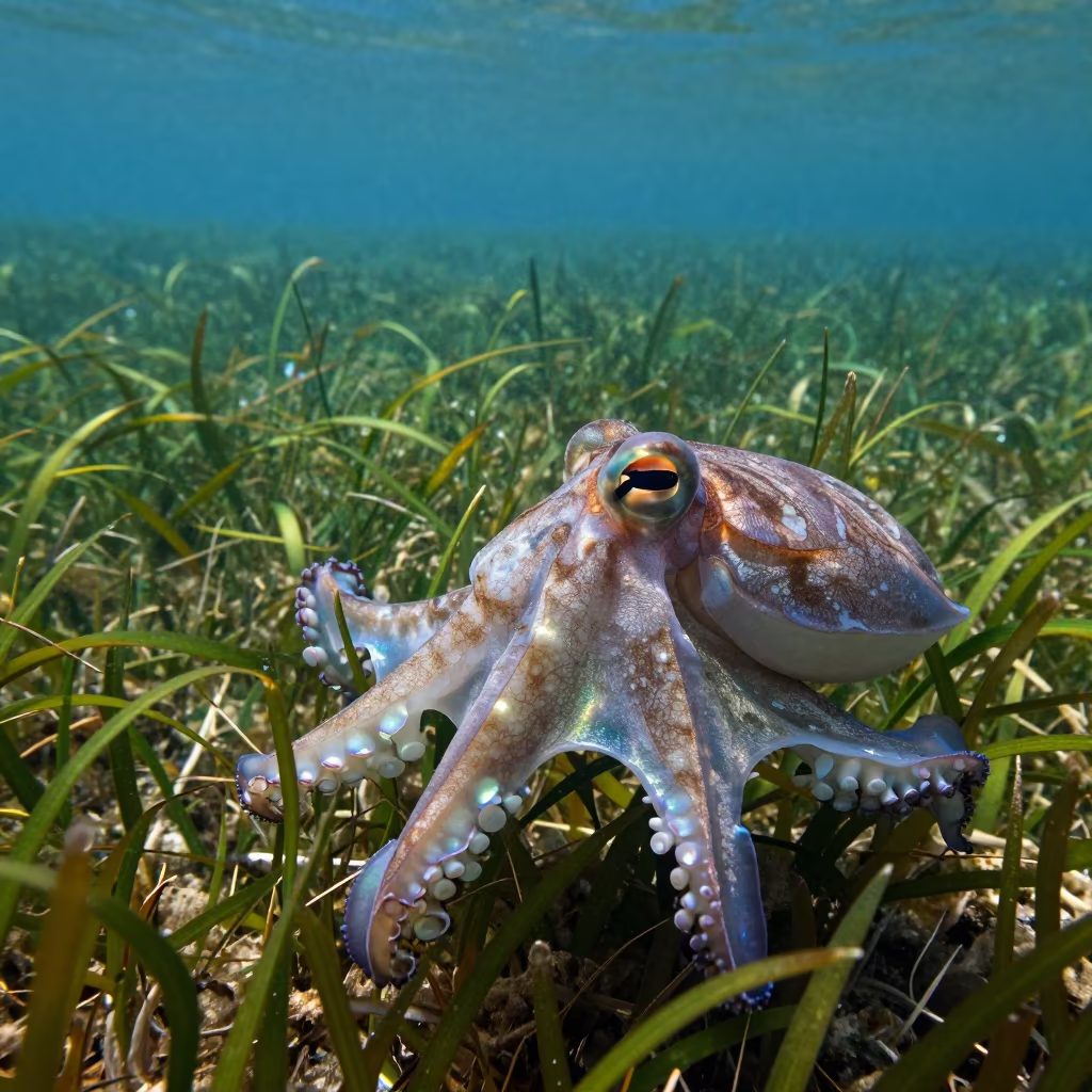 Iridescent Blanket Octopus Drifting Over Seagrass in above a seagrass meadow near Porto