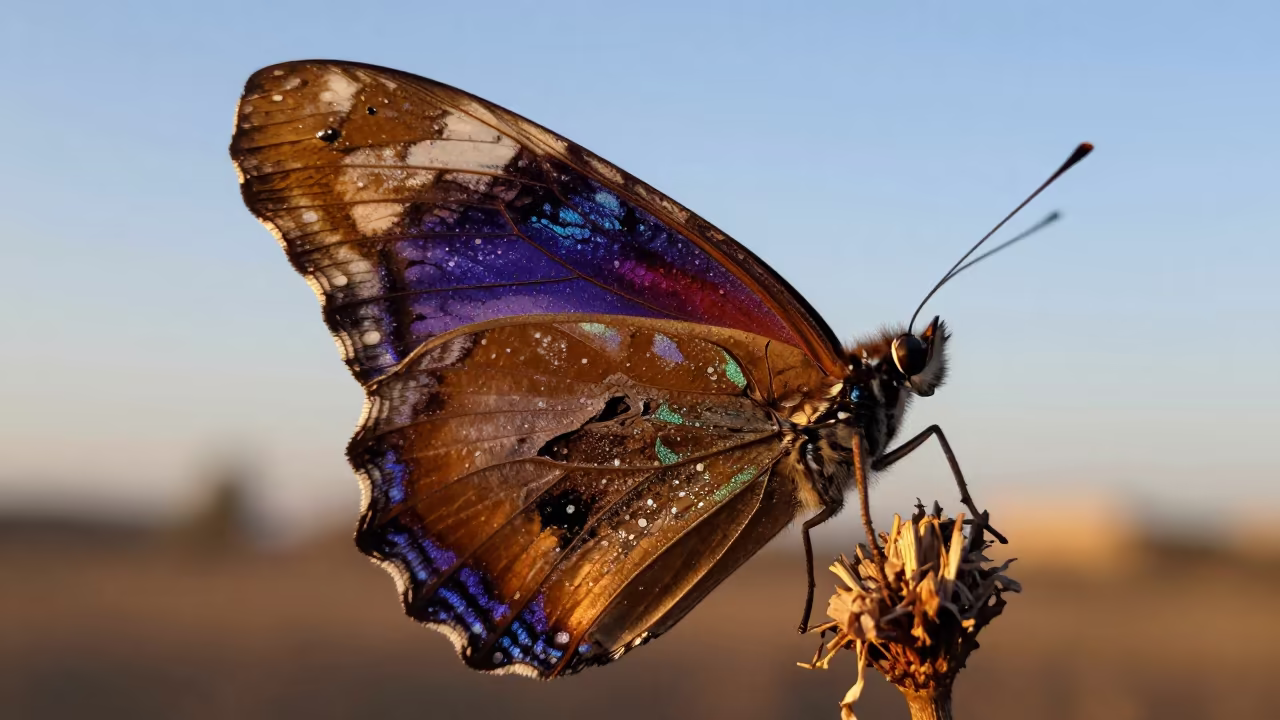 Iridescent Butterfly Wing in Amber Winter Light in near Yerevan