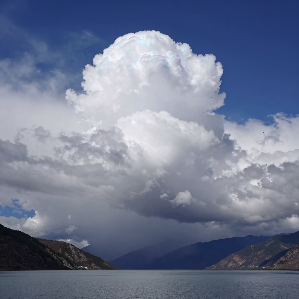 Iridescent Cloud Tower Over Bhutan Storms in over a horizon of stacked thunderheads in Bhutan