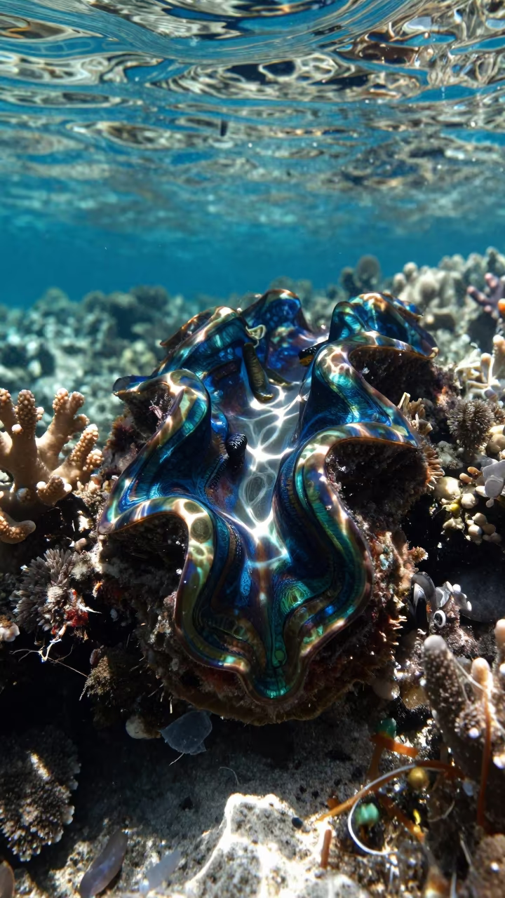 Iridescent Giant Clam Mantle on Bali Reef in along a coral wall with blue water beyond near Denpasar
