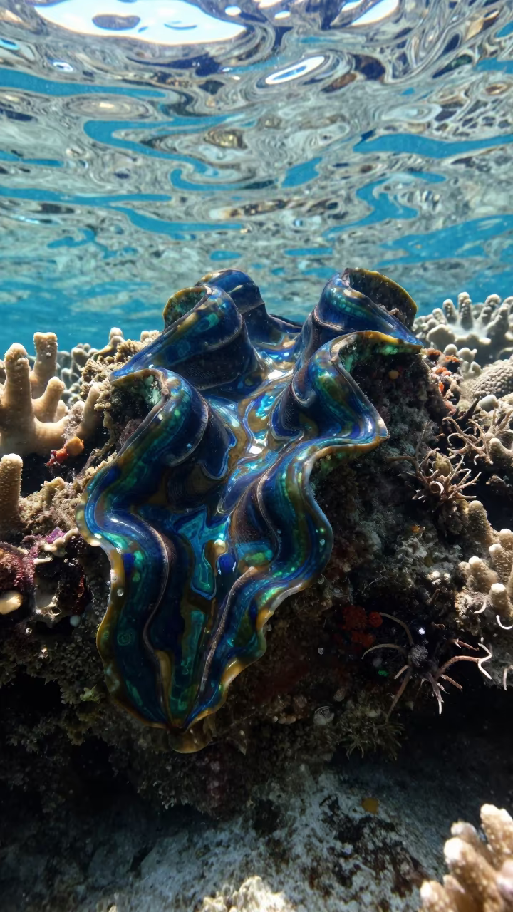 Iridescent Giant Clam Mantle on Cebu Reef in along a coral wall with blue water beyond near Cebu