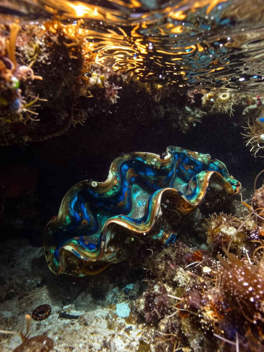 Iridescent Giant Clam Mantle on Stone Town Reef in beside a reef crevice under clear water near Stone Town