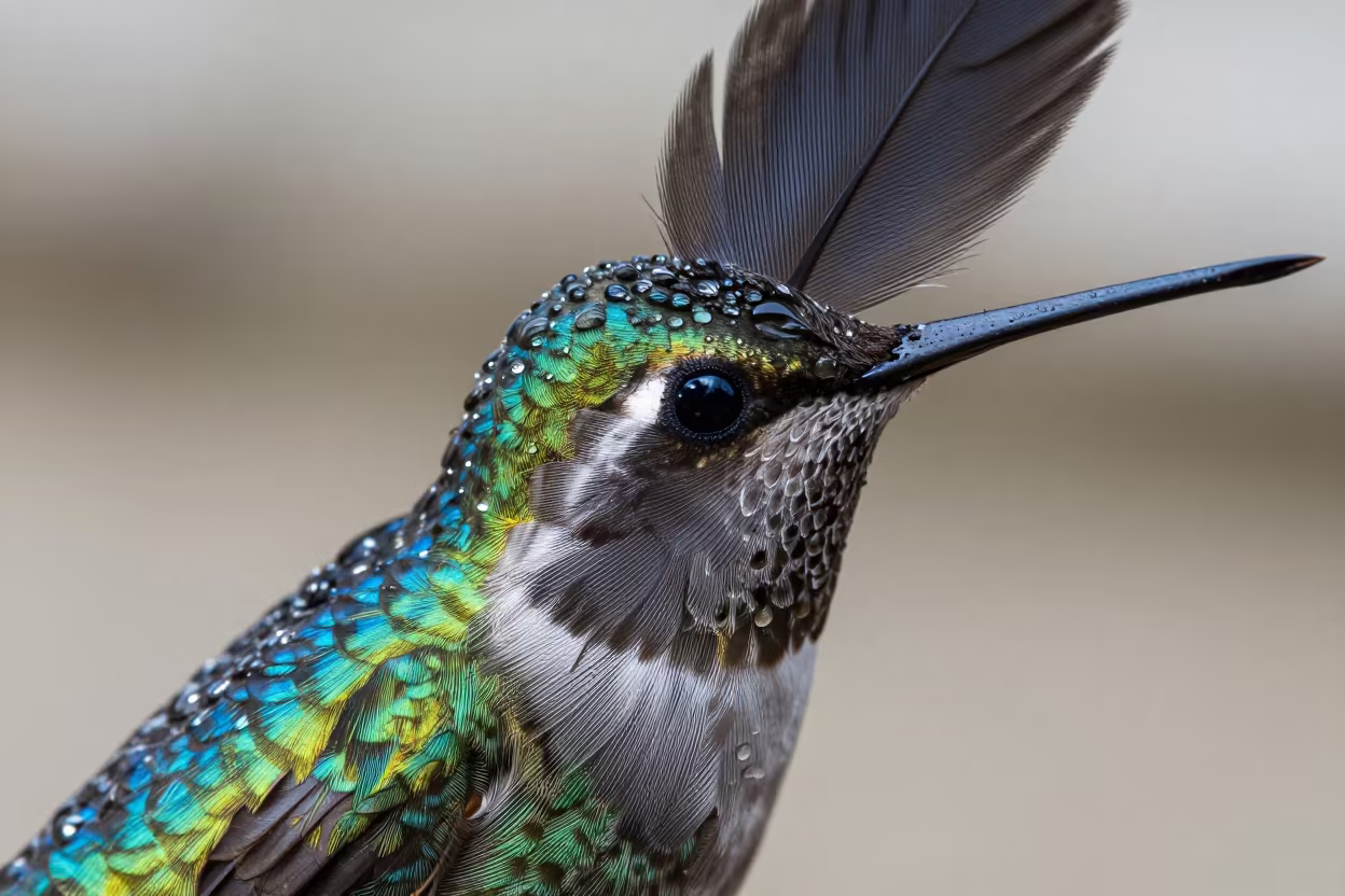 Iridescent Hummingbird Feather Detail After Rain in beside a tidal inlet in Belarus