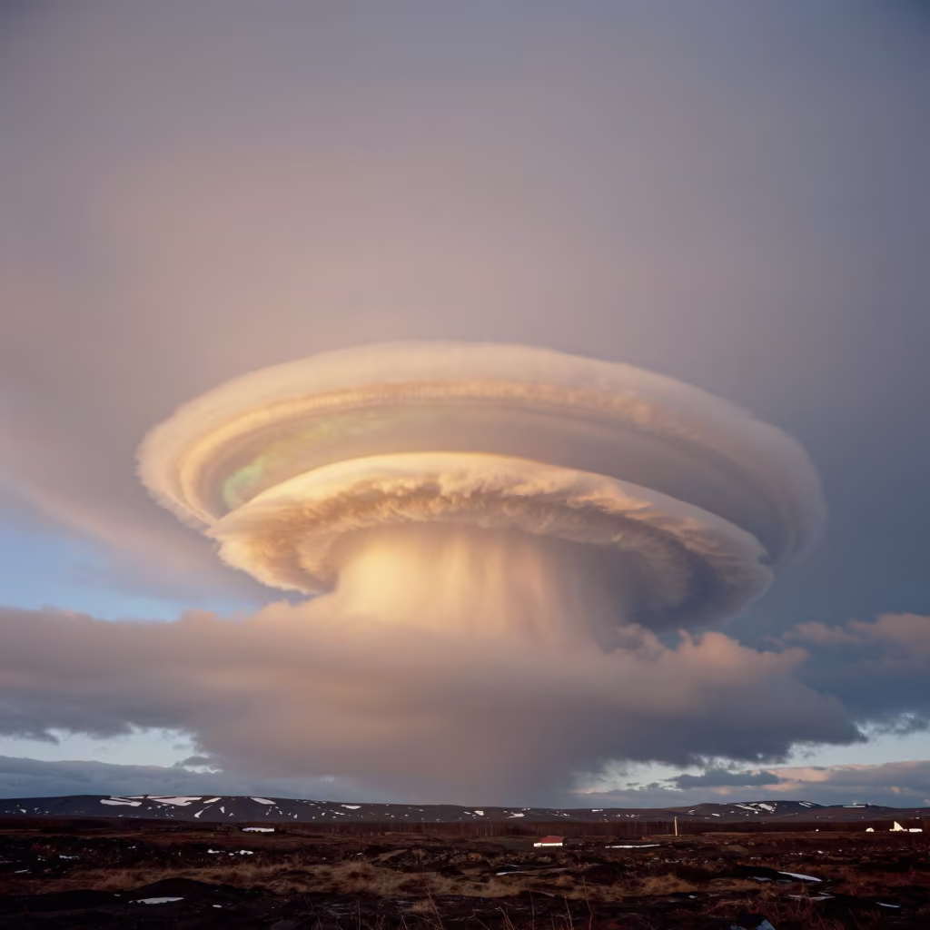 Iridescent Nacreous Clouds Over Reykjavik Storms in over a horizon of stacked thunderheads near Reykjavik
