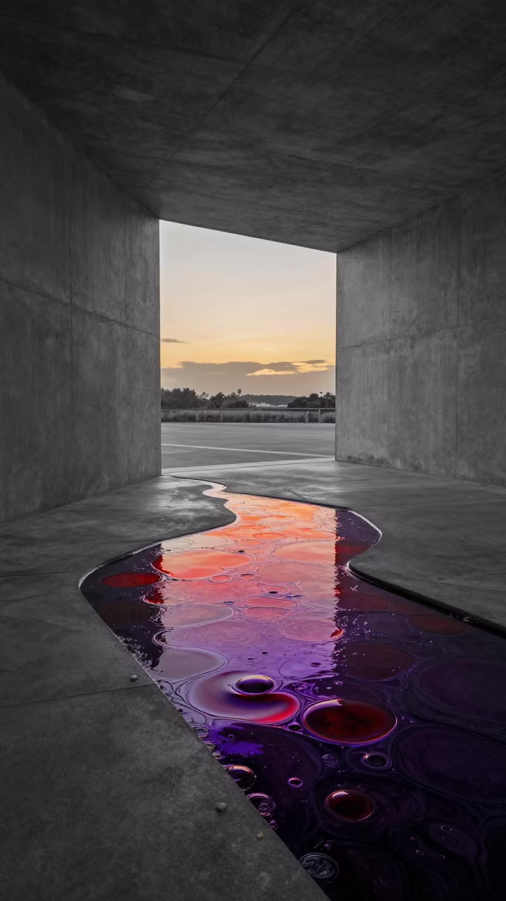 Iridescent Oil Cells in Monochrome Sunset in inside a skylit passageway near Portsmouth