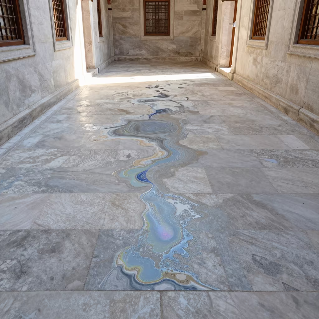 Iridescent Oil Water Patterns Skylit Istanbul Passageway in inside a skylit passageway in Sultanahmet, Istanbul