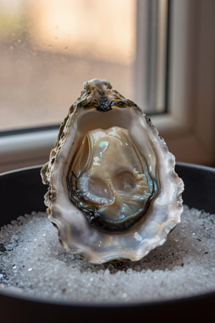 Iridescent Oyster Shell Nacre Layers Macro in on salt crystals along a pan rim in Bonn