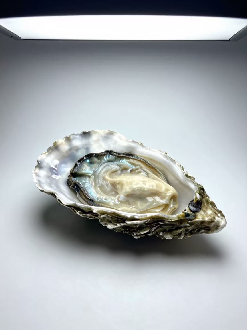 Iridescent Oyster Shell Nacre Layers in Wenzhou Pod in inside a seed pod split open in Wenzhou