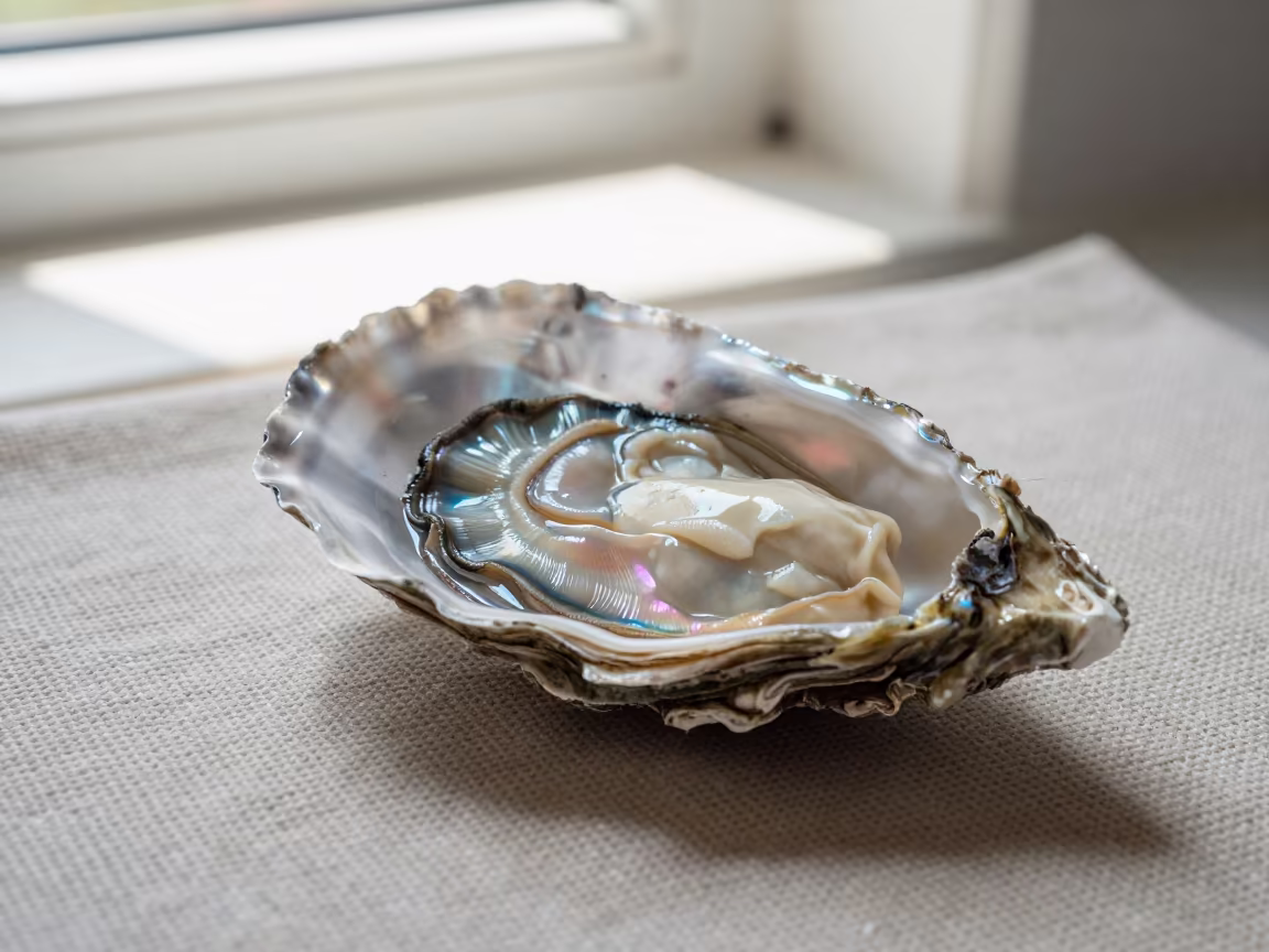 Iridescent Oyster Shell Nacre on Linen in against woven linen fibers in Patiala