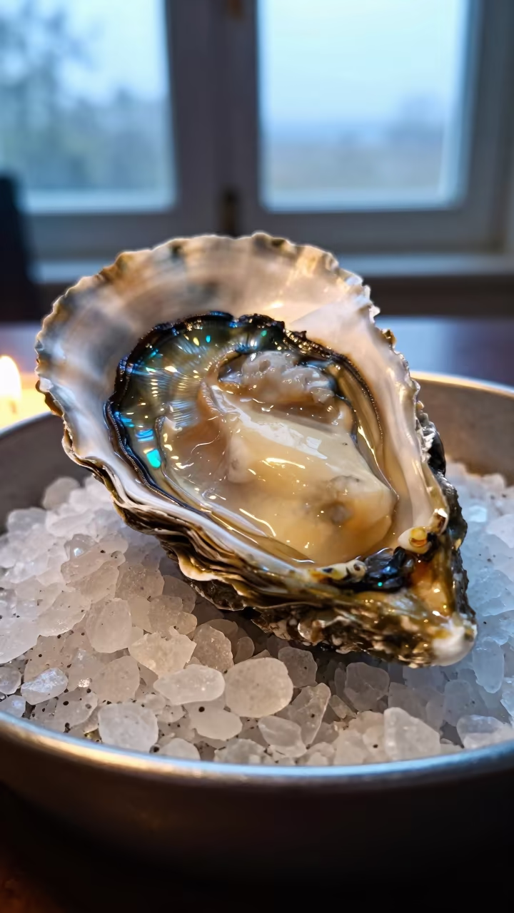 Iridescent Oyster Shell Nacre on Salt Crystals in on salt crystals along a pan rim in Haikou