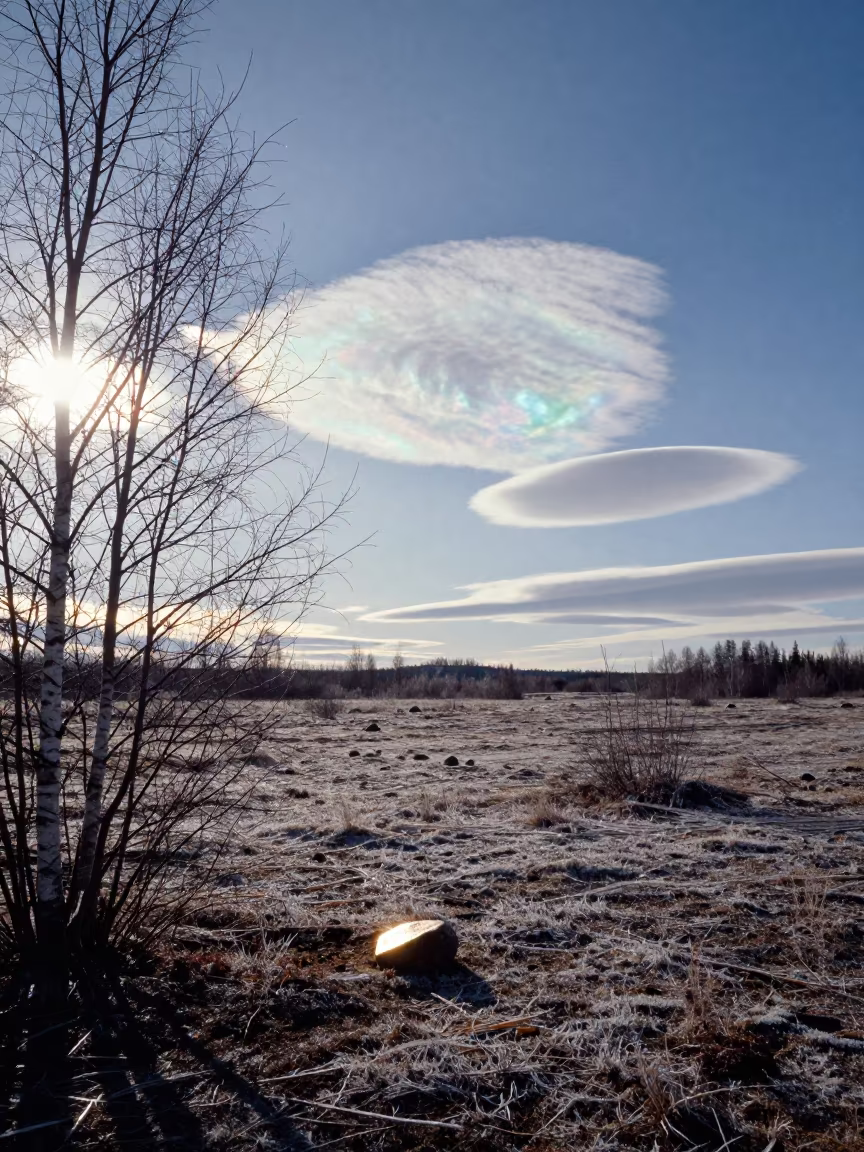 Iridescent Polar Cloud Over Swedish Thaw in across a storm-bright plain in Sweden